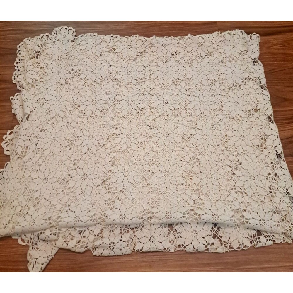 Crochet Knit Lace Tablecloth Ivory Oblong Floral Wedding 102x55 Country Cottage
